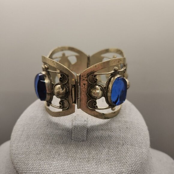 STERLING SILVER VINTAGE TAXCO SIGNED BLUE GLASS BRACELET 7" - Picture 5 of 6